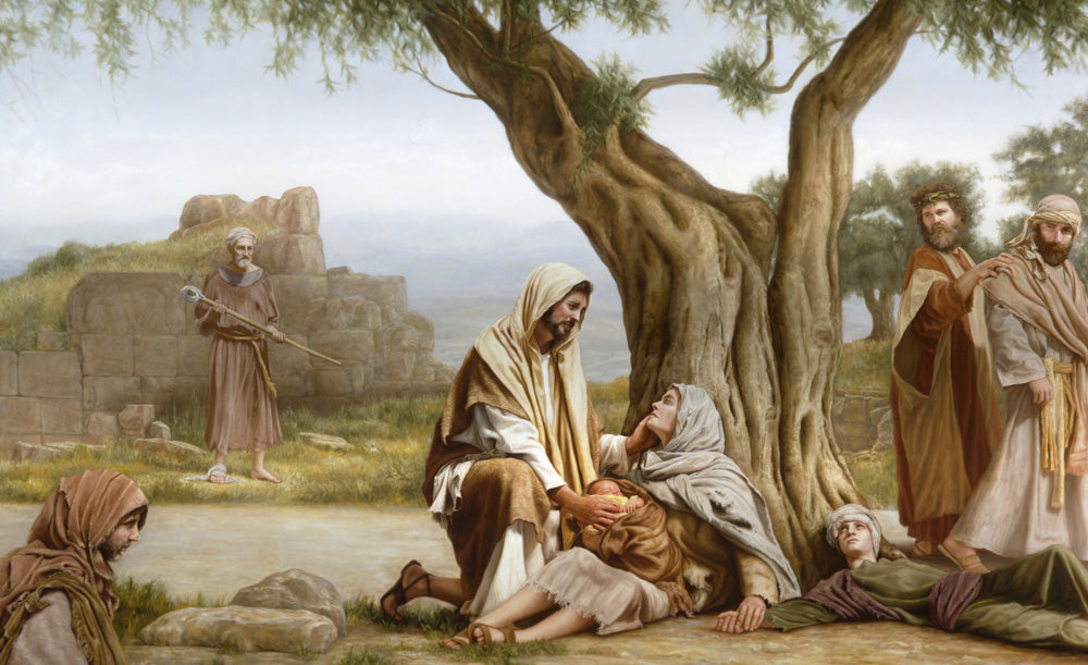 Jesus kneeling besides a sick woman holding a baby and other people healing them. 