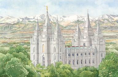Watercolor painting of the Salt Lake Utah Temple surrounded by green trees. 