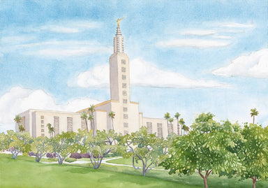 Watercolor painting of the Los Angeles California Temple. 