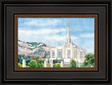 Watercolor painting of the Ogden Utah Temple with mountain in the background. 