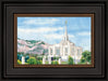 Watercolor painting of the Ogden Utah Temple with mountain in the background. 