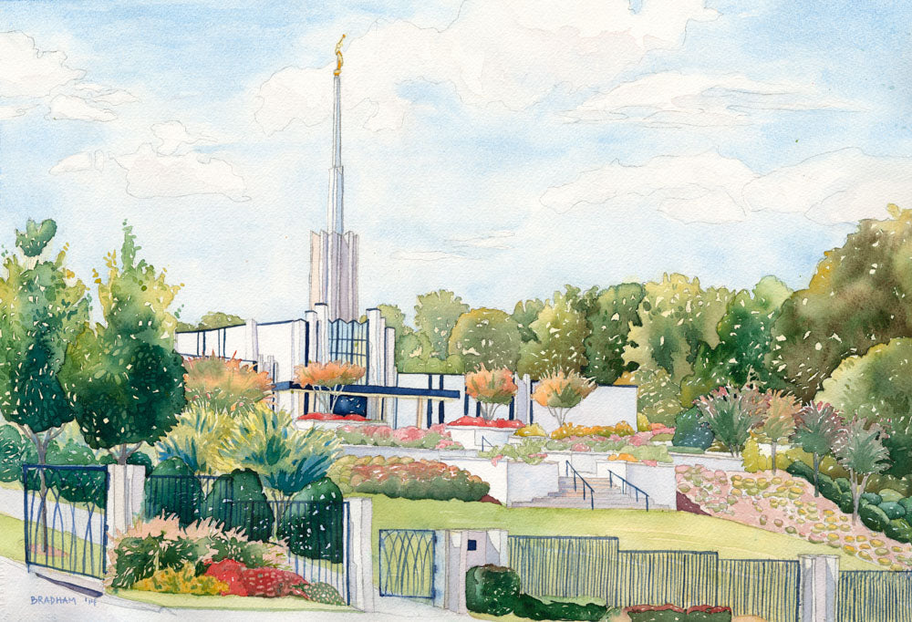 Watercolor painting of the Atlanta Georgia Temple, blue skies. 