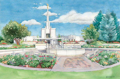 Watercolor painting of the Denver Colorado Temple with blue skies. 