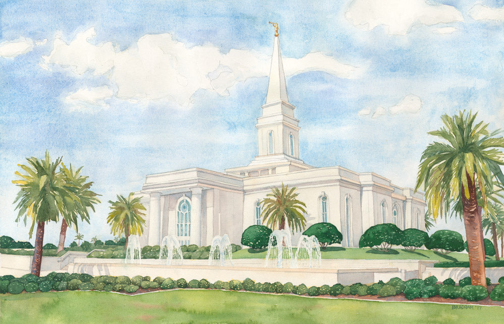 Watercolor painting of the Orlando Florida Temple with blue skies. 