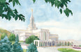 Watercolor painting of the Bountiful Utah Temple with blue skies. 