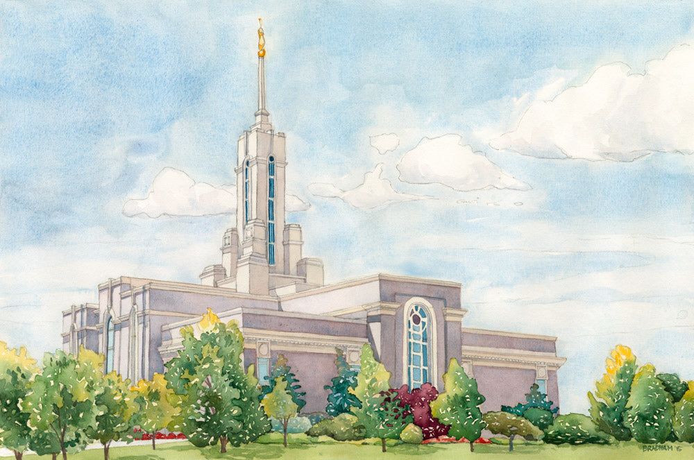 Watercolor painting of the Mount Timpanogos Utah Temple. 