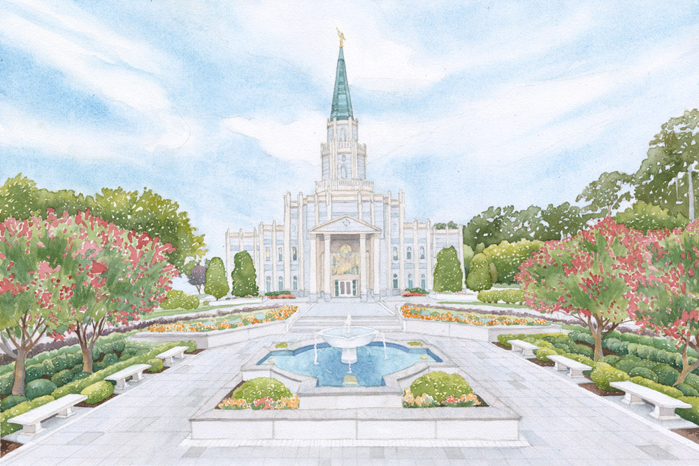 Watercolor painting of the Houston Texas Temple.
