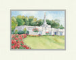 Watercolor painting of the Birmingham Alabama Temple with blue skies.