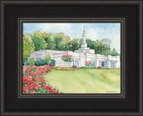 Watercolor painting of the Birmingham Alabama Temple with blue skies.