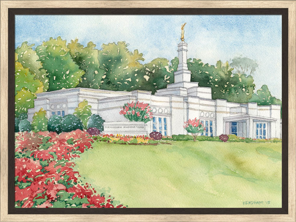 Watercolor painting of the Birmingham Alabama Temple with blue skies.