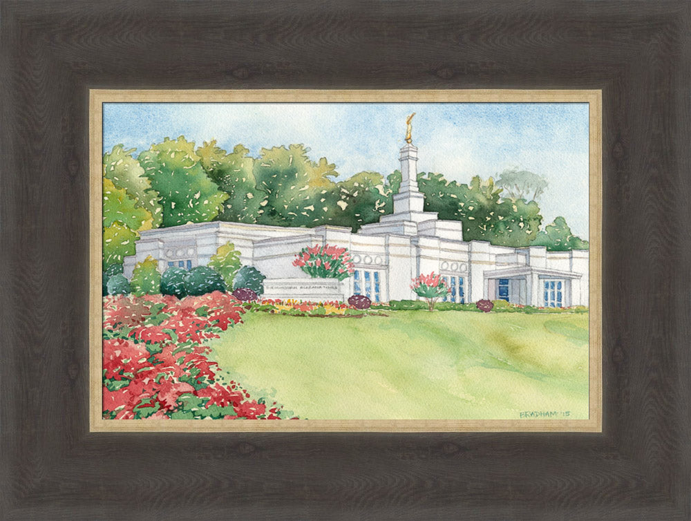 Watercolor painting of the Birmingham Alabama Temple with blue skies.