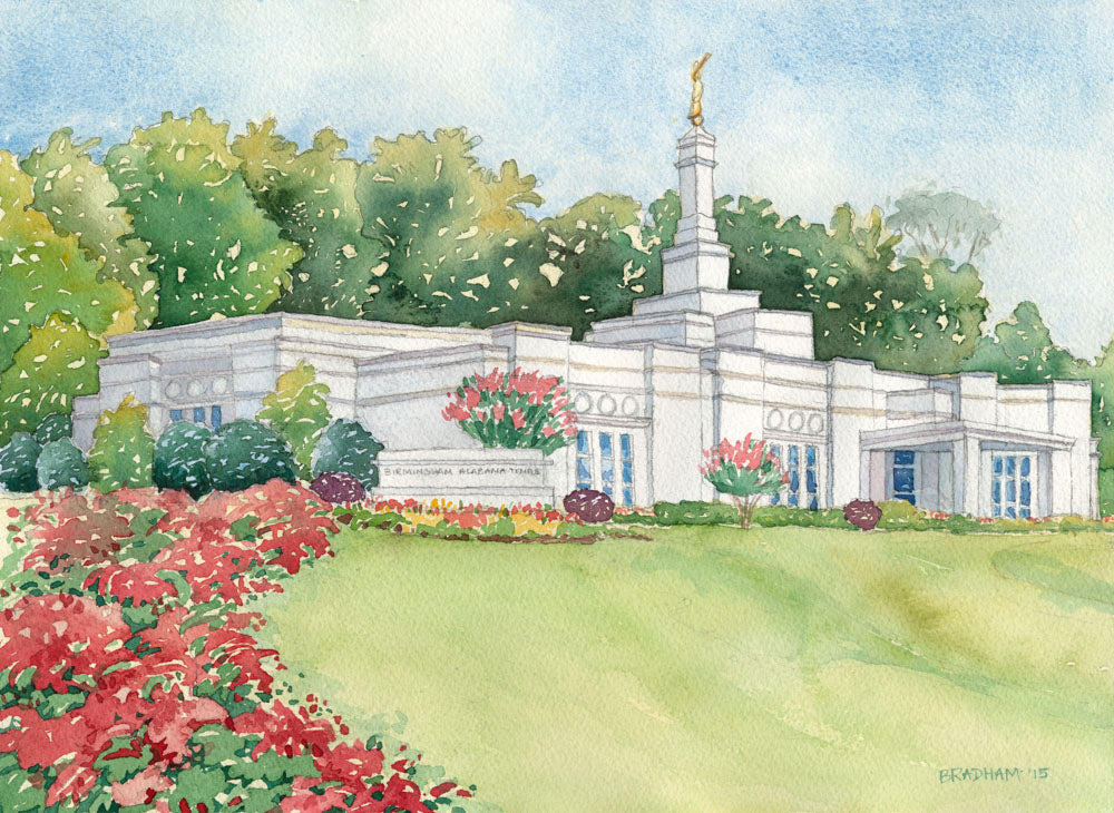 Watercolor painting of the Birmingham Alabama Temple with blue skies. 