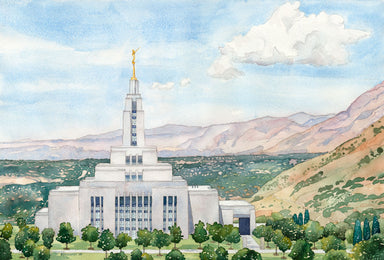 Watercolor painting of the Draper Utah Temple.