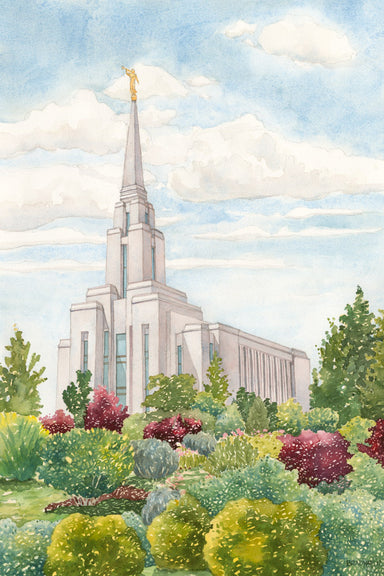 Watercolor painting of the Oquirrh Mountain Utah Temple. 