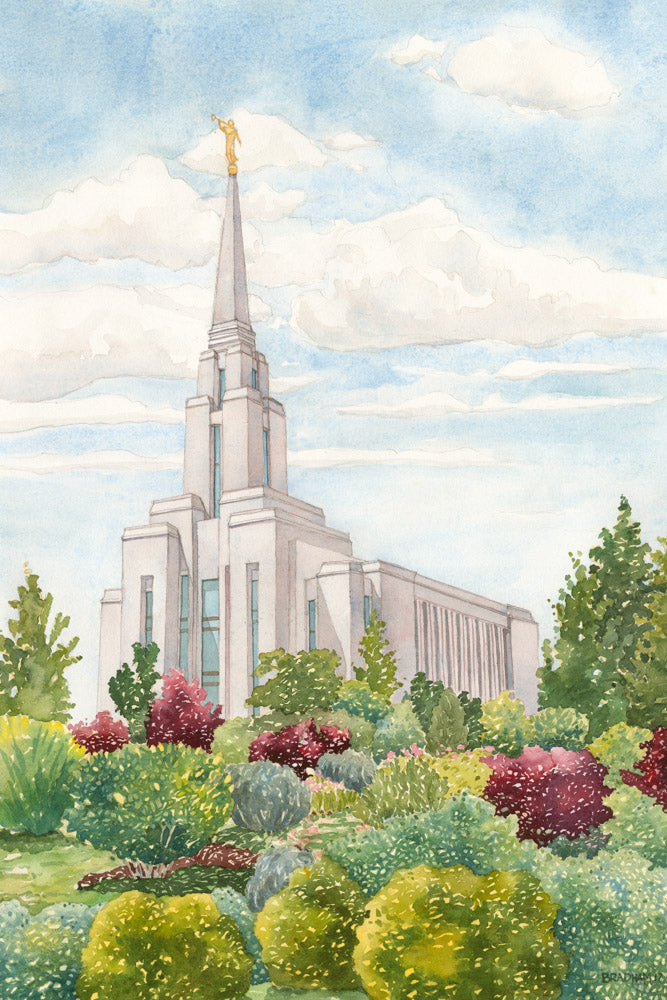 Watercolor painting of the Oquirrh Mountain Utah Temple. 