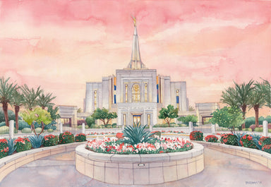 Watercolor painting of the Gilbert Arizona Temple with pink skies. 