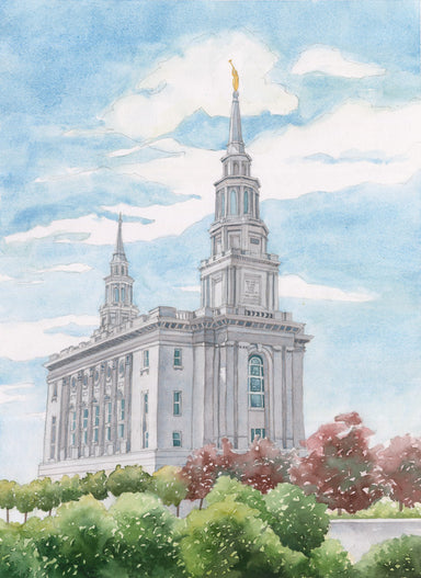 Watercolor painting of the Philadelphia Pennsylvania Temple. 