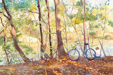 Watercolor painting of a bike leaned against a tree. 