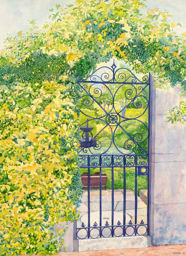 Watercolor painting of a gate with vines symbolizing scripture. 