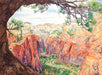 Watercolor painting of a view of red rock cliffs in Zions National Park. 