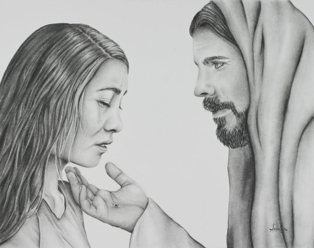 Jesus Christ comforts a woman who is crying.