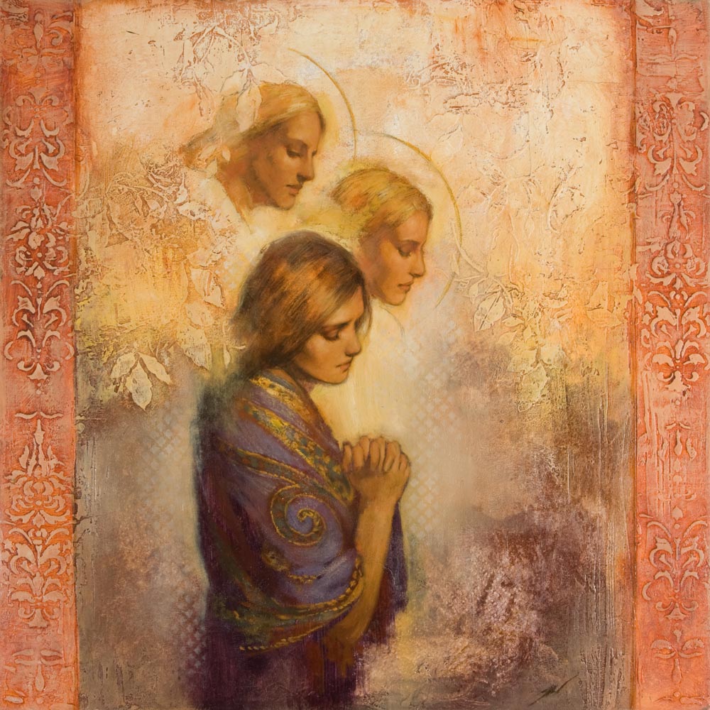 A women praying with two angels above her. 