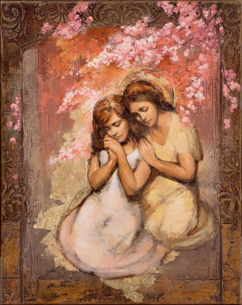A women praying and being comforted by an angel. 