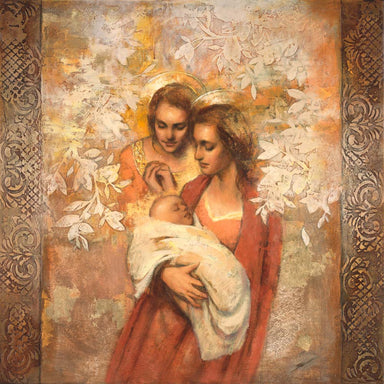 A mother holding a child with an angel watching over them. 