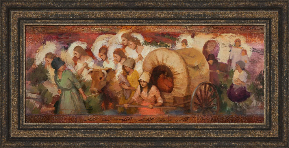 Angels helping women pioneers pull handcarts across the plains. Art 12