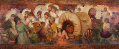 Angels helping women pioneers pull handcarts across the plains. 