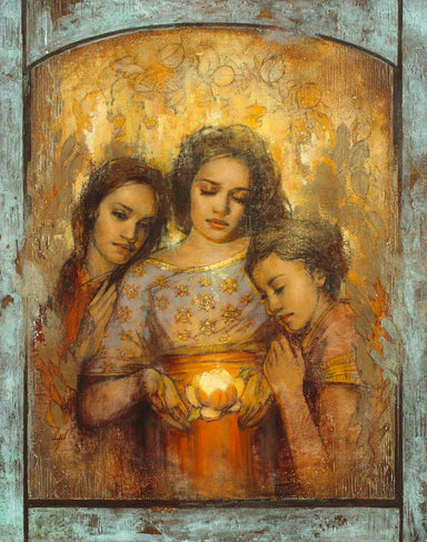 Women holding a blossom of light while two other women look at light. 