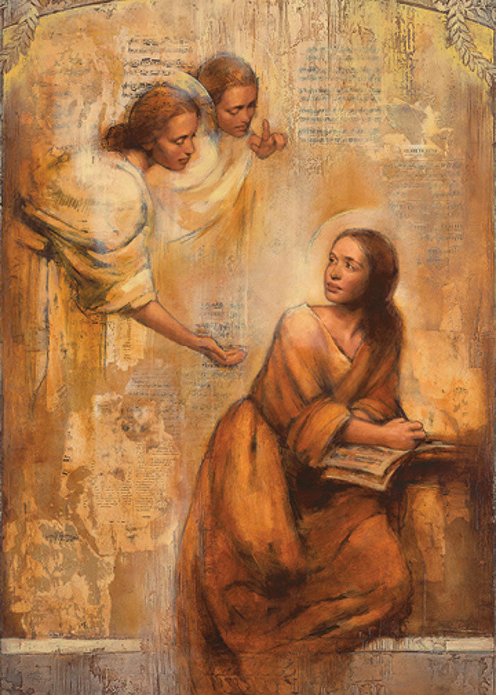 Women receives inspiration from two angels above her. Altus Fine Art | Art 2