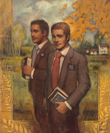 Two elder missionaries holding their scriptures near a field. 