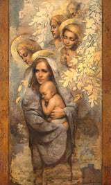 Woman holding baby while generations of angels watch from above. 