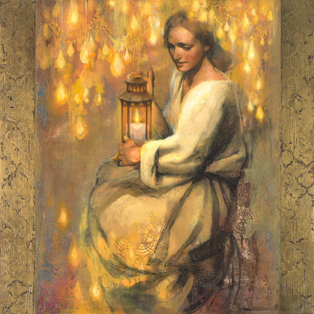 A woman sitting holding a lantern surrounded by light.