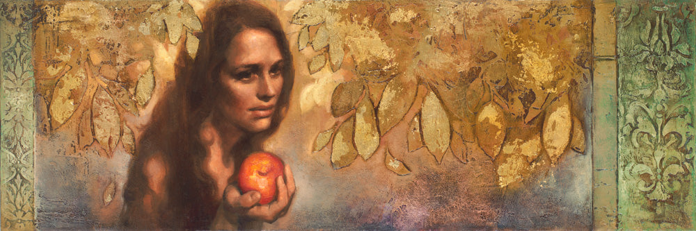 Eve holding fruit in the garden of eden. 