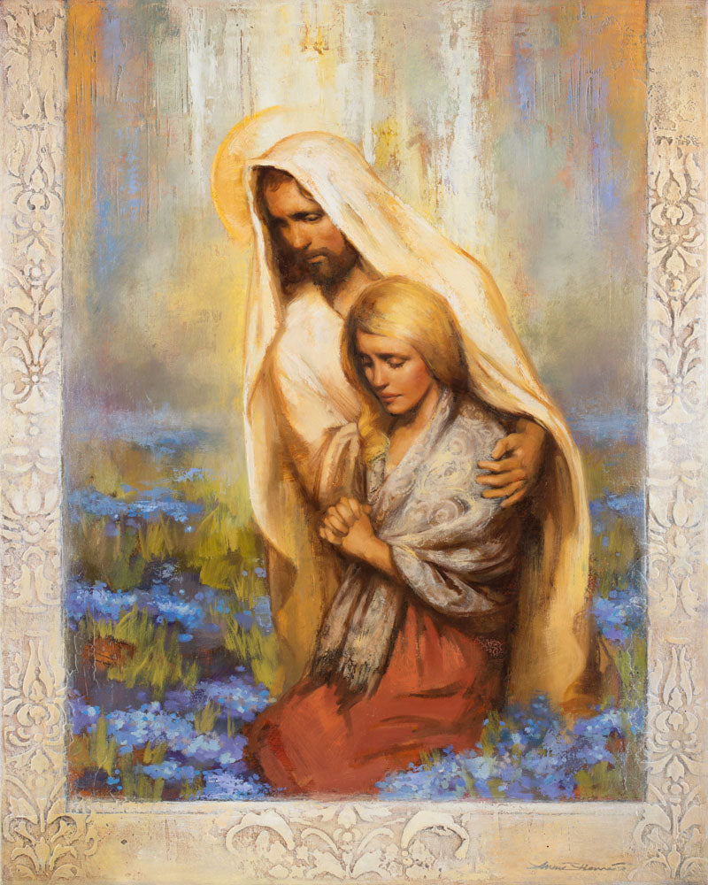 Jesus comforts women while she kneels and prays. 