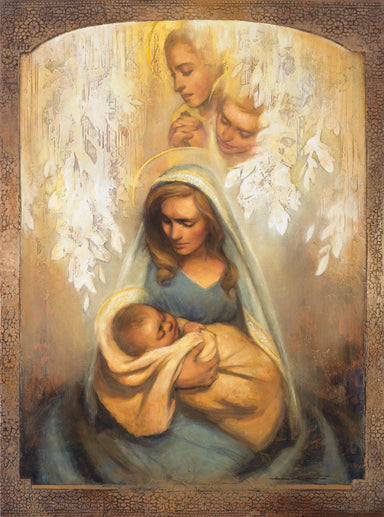 Mother holds baby as angels watch over and comfort her. 