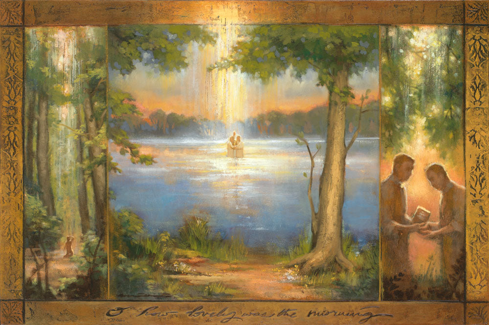Illustration of Joseph Smiths first vision, baptism, and priesthood confirmation.