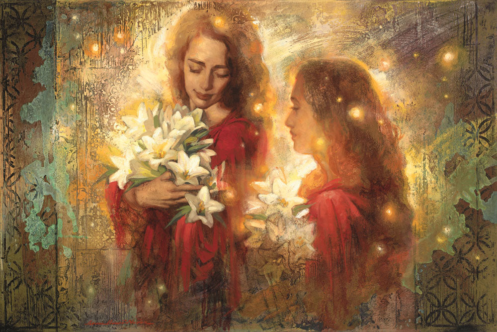 Two women holding easter lilies with light shining behind them. 