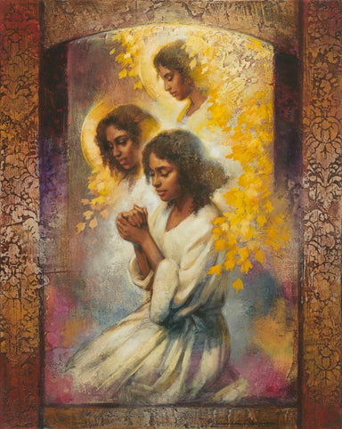 Three black women and angels in prayer.