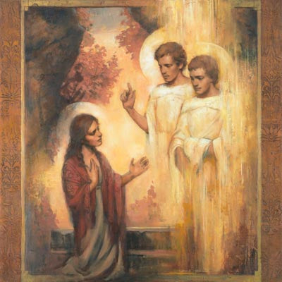 Two angels talking to Mary at the tomb of Christ. 