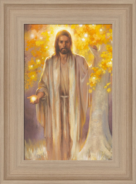 Jesus standing in front of the tree of life, holding the fruit of the tree. Art 8