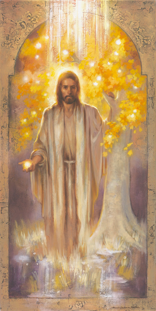 Jesus standing in front of the tree of life, holding the fruit of the tree. 