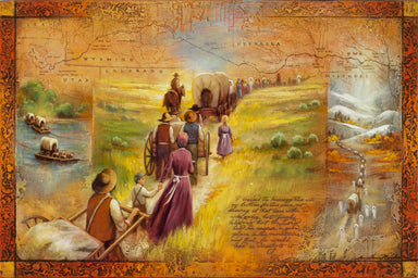 Pioneers traveling west with map in the background. 