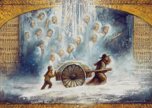 Pioneers push handcart in the snow with the help of angels. Art 2