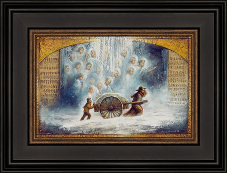 Pioneers push handcart in the snow with the help of angels. Art 4