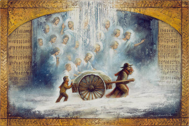 Pioneers push handcart in the snow with the help of angels. 