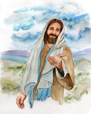 A watercolor image of Jesus Christ reaching his hand towards you.