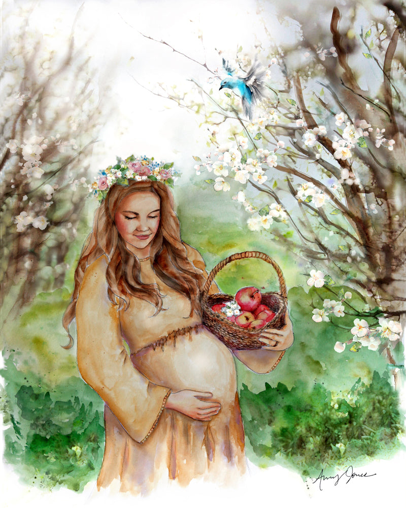 A pregnant Eve standing between flowering trees, holding a basket of apples.